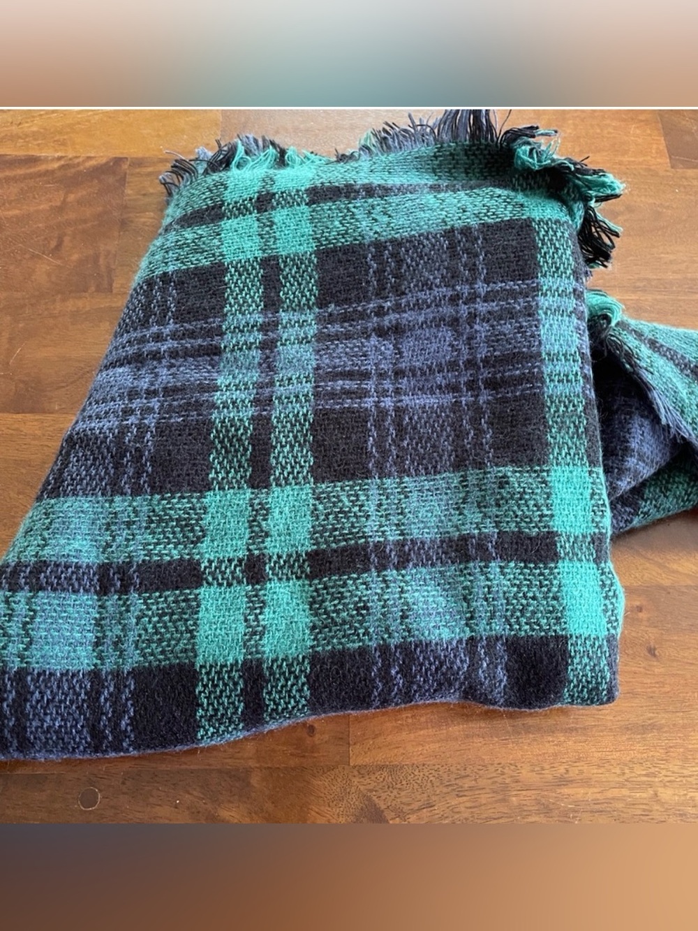 Large Cozy Green & Navy Blue Plaid Fringe Scarf